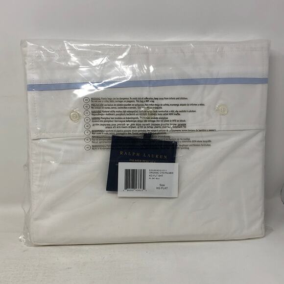 Ralph Lauren Organic Cotton Percale Palmer King Flat Sheet White Pale Sky Blue - Picture 1 of 10